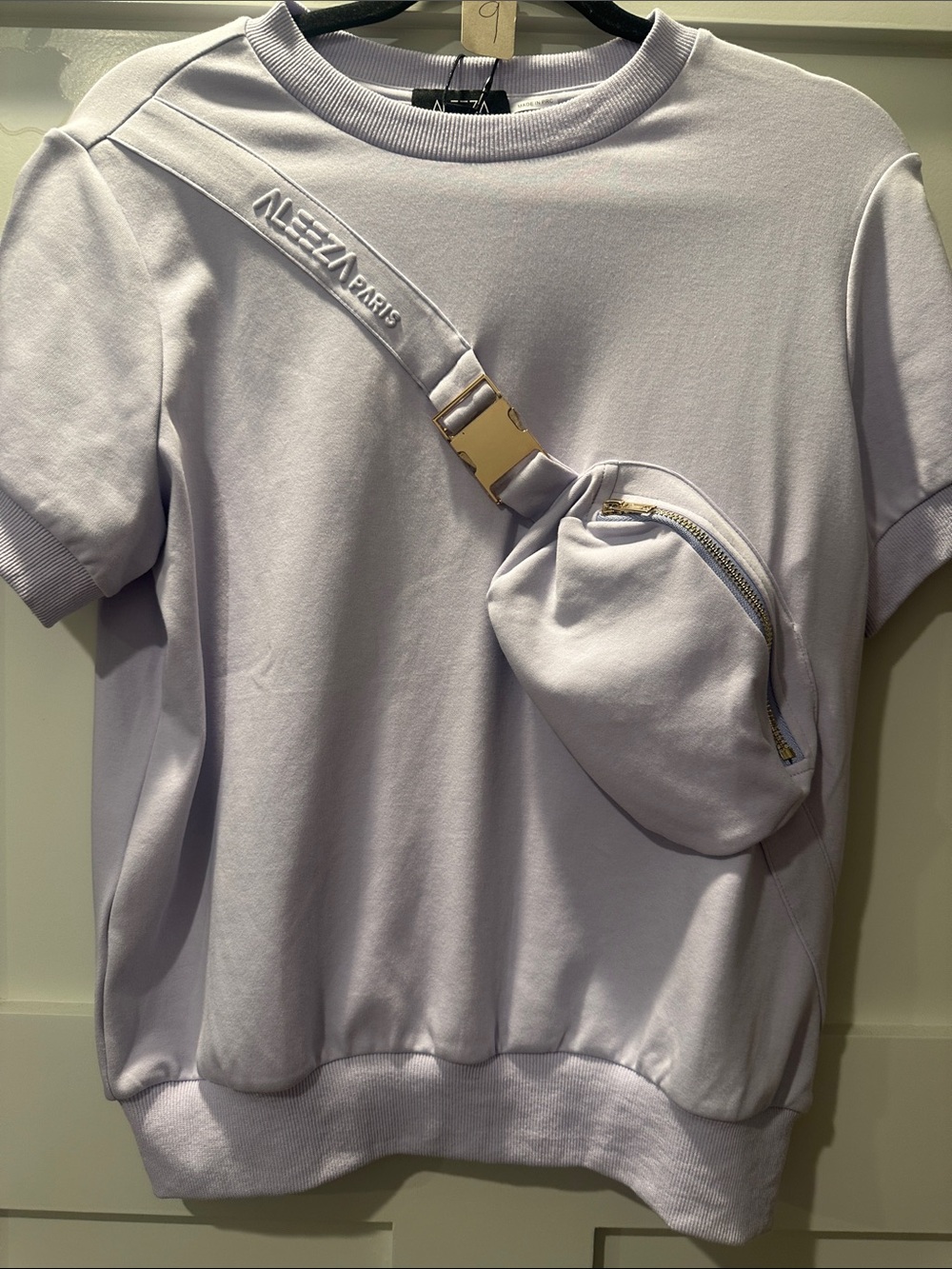 Aleeza Paris Lilac Short-Sleeve Sweatshirt with Attached Crossbody Pouch